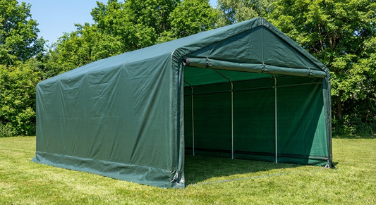 Green portable garage made of PVC and steel for outdoor storage