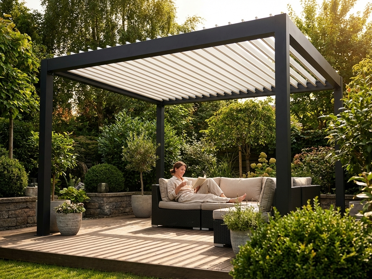 Bioclimatic pergola gazebo in black and white for outdoor use - view 3