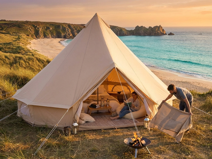 Sand-coloured bell tent for glamping with cotton canvas and steel frame