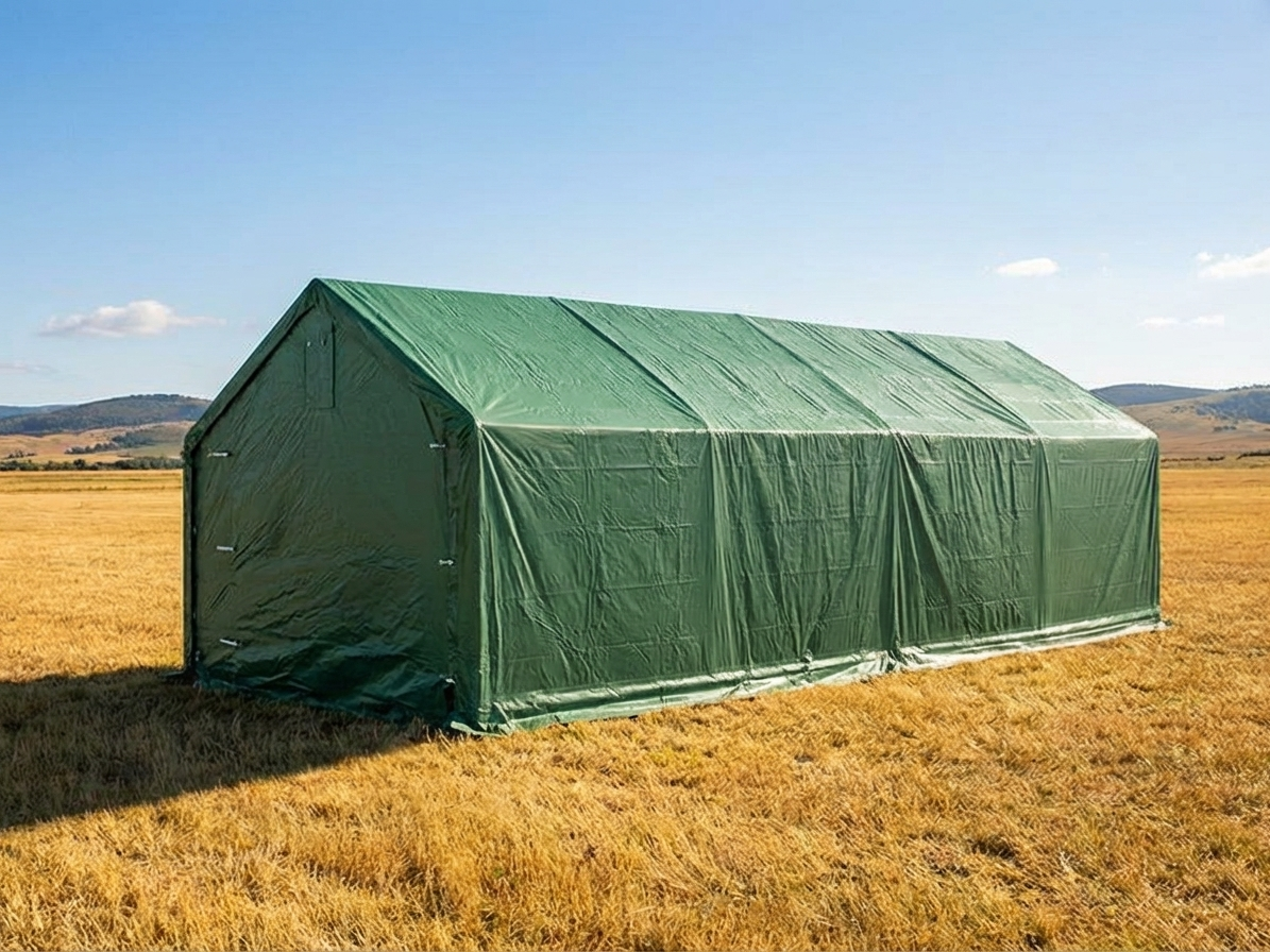 Green PVC storage shelter with galvanised steel frame for outdoor use