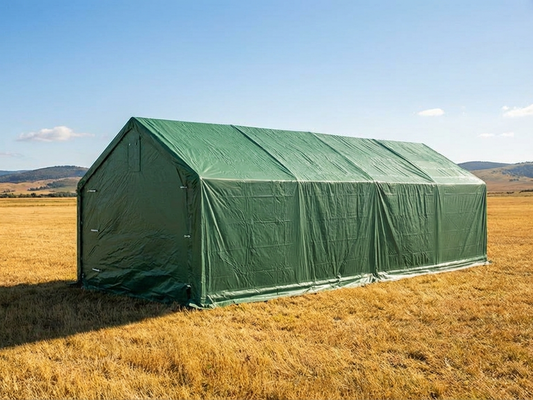 Green PVC storage shelter with galvanised steel frame for outdoor use