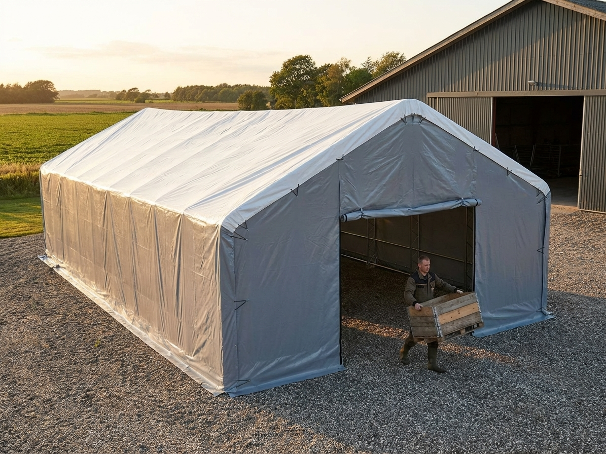 Storage Shelter 8x18m in White/Grey, made from PVC and steel