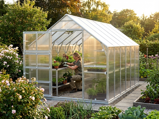 Polycarbonate greenhouse with galvanised steel frame in silver - product detail