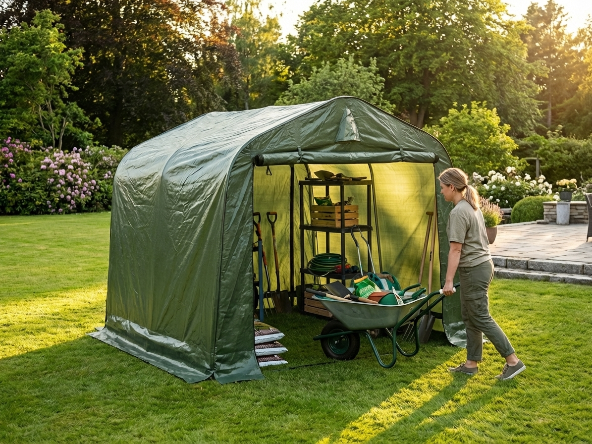 Green storage tent with polyethylene tarpaulin and steel frame for outdoor use - product detail