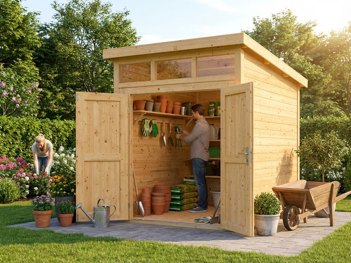 Wooden garden shed in natural Nordic spruce for outdoor storage