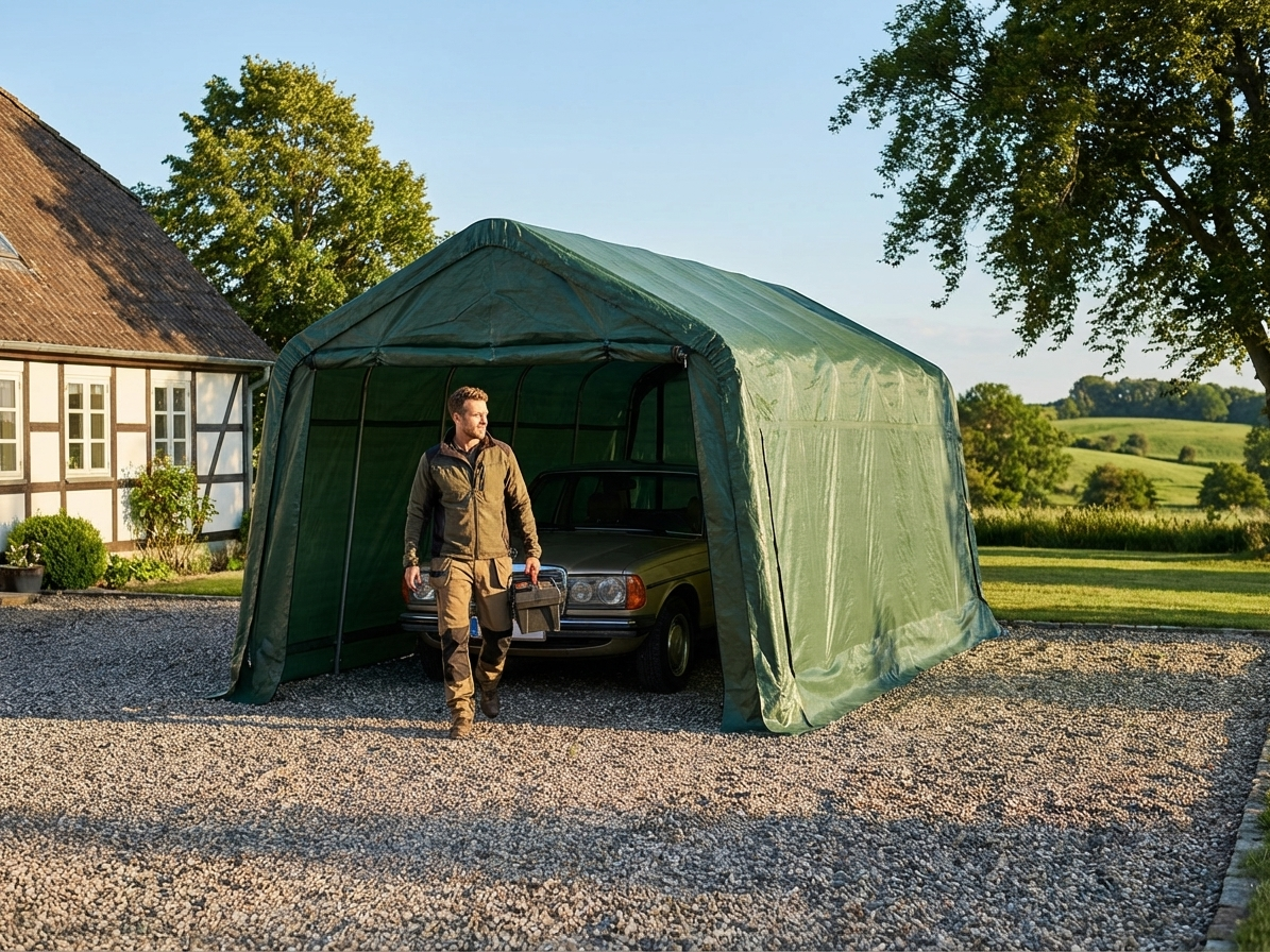 Green portable garage made of PVC and steel for outdoor storage - view 3