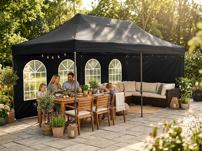 Black pop-up gazebo with steel frame for outdoor use