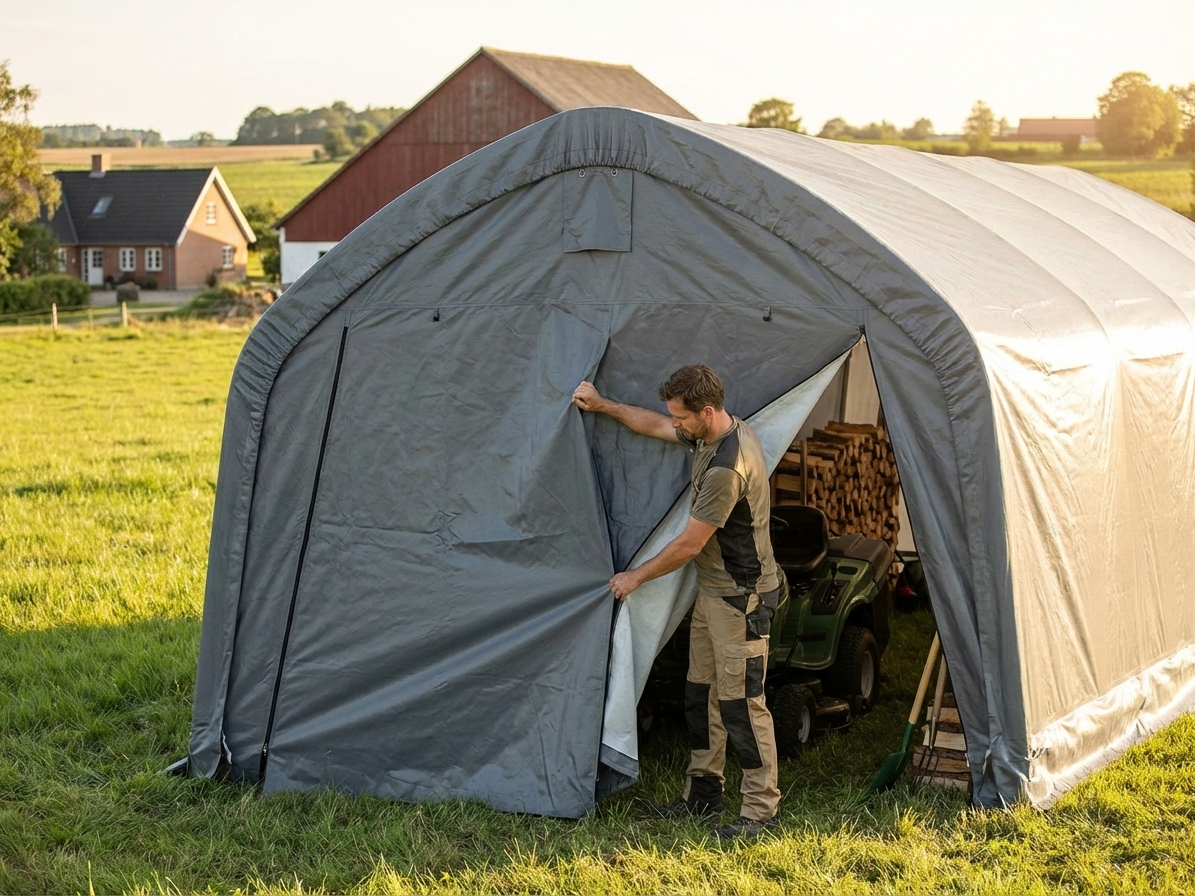 Grey storage shelter end wall made of durable polyethylene