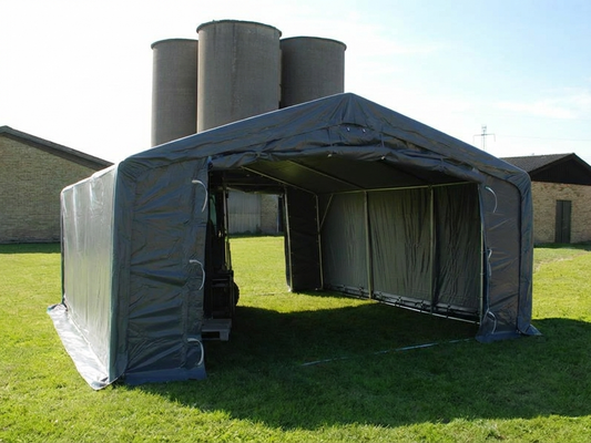 Grey PVC storage shelter with steel frame for industrial use