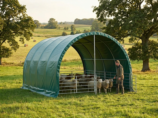 Green livestock shelter made from PVC, suitable for outdoor use