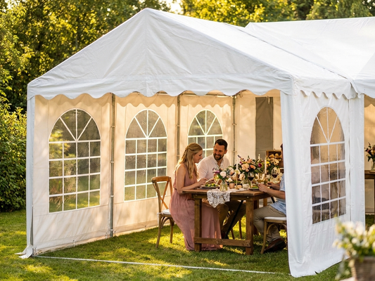 PVC tent extension in white with galvanised steel frame for event use - product detail