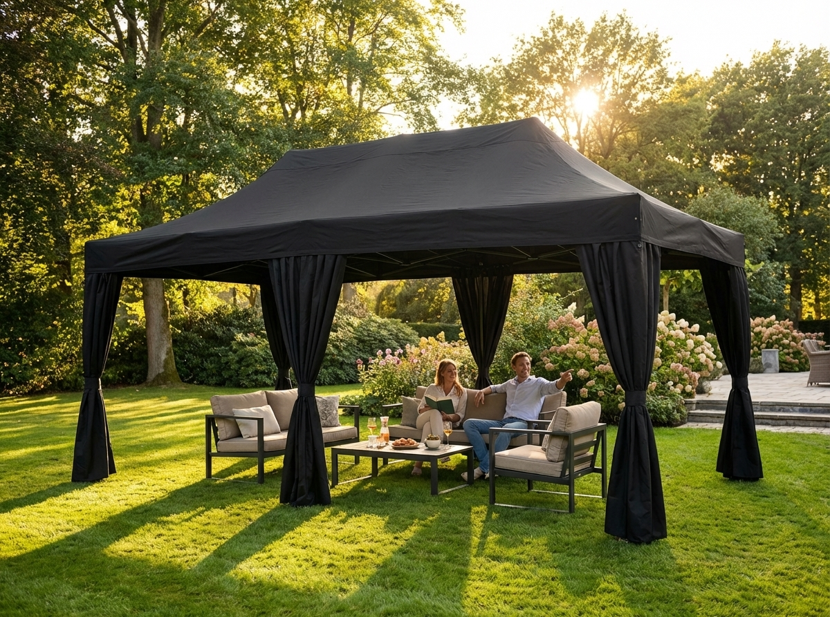 Pop Up Gazebo in Black with Steel Frame and Decorative Curtains - view 3