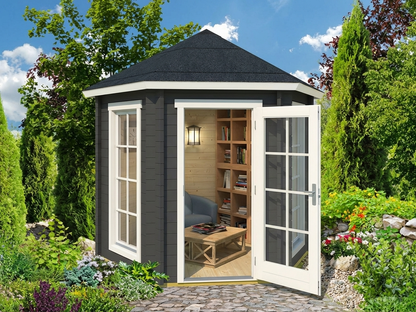 Hexagonal wooden gazebo in dark grey with Nordic spruce