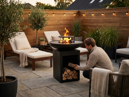 Black carbon steel fire bowl with wood storage for outdoor use