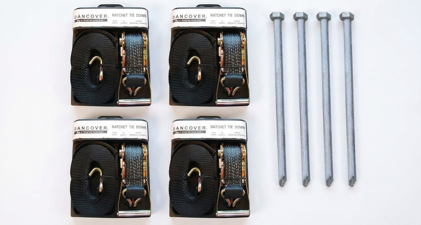 Steel storm pegs and straps for outdoor stability - product detail