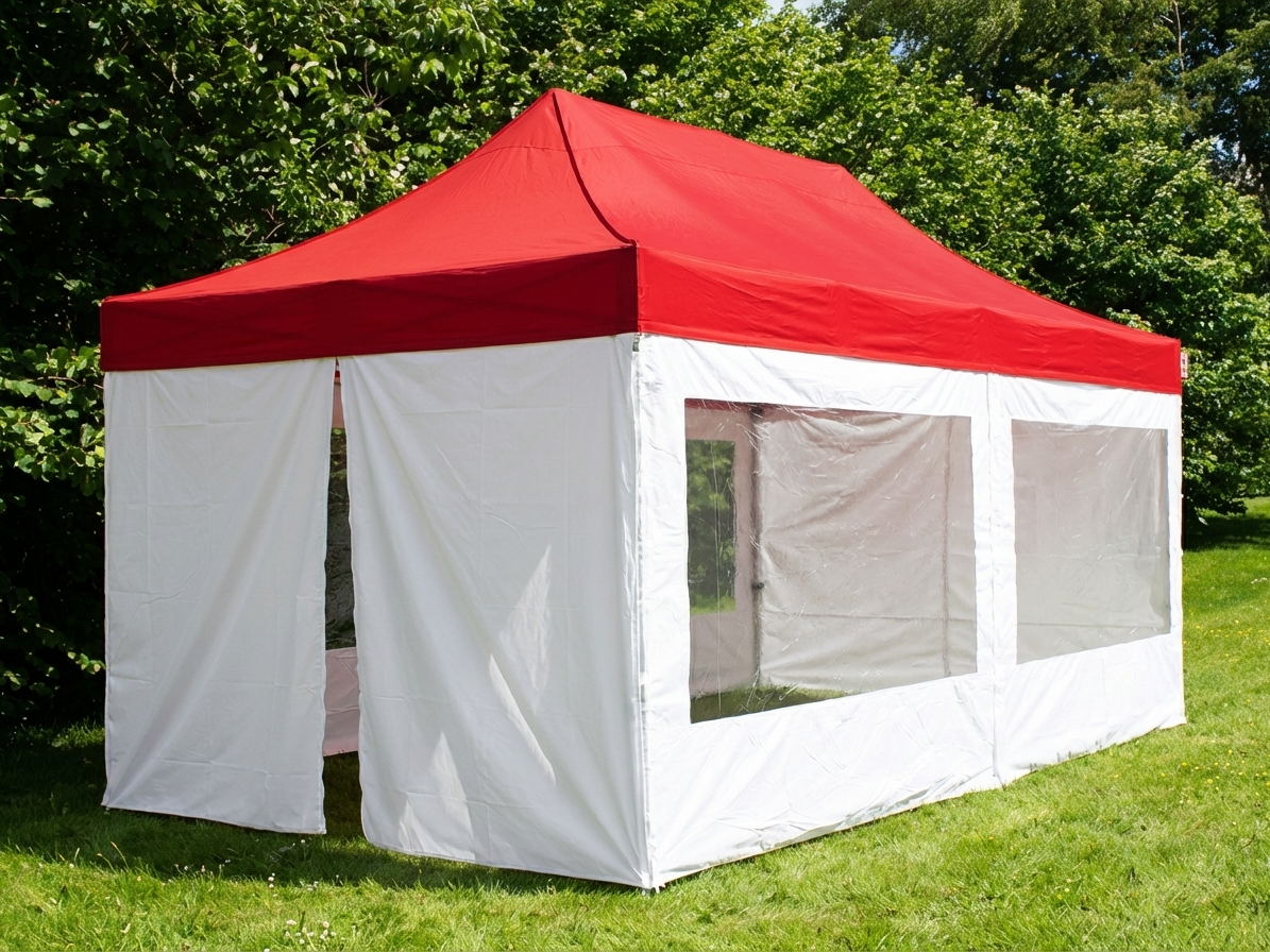 Red and white pop-up gazebo with aluminium frame for medical use