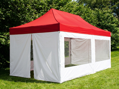 Red and white pop-up gazebo with aluminium frame for medical use