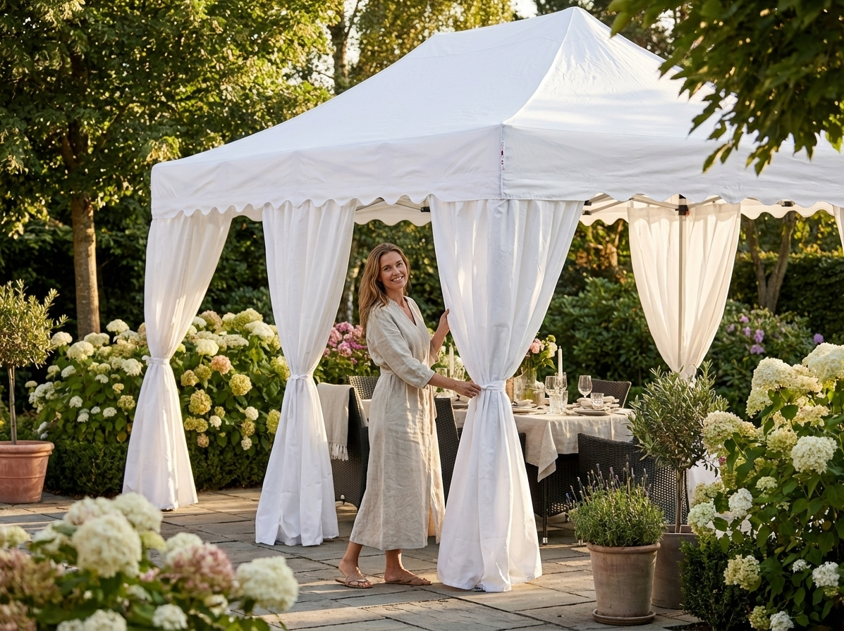 White steel gazebo curtains made from polyester with PVC backing - product detail