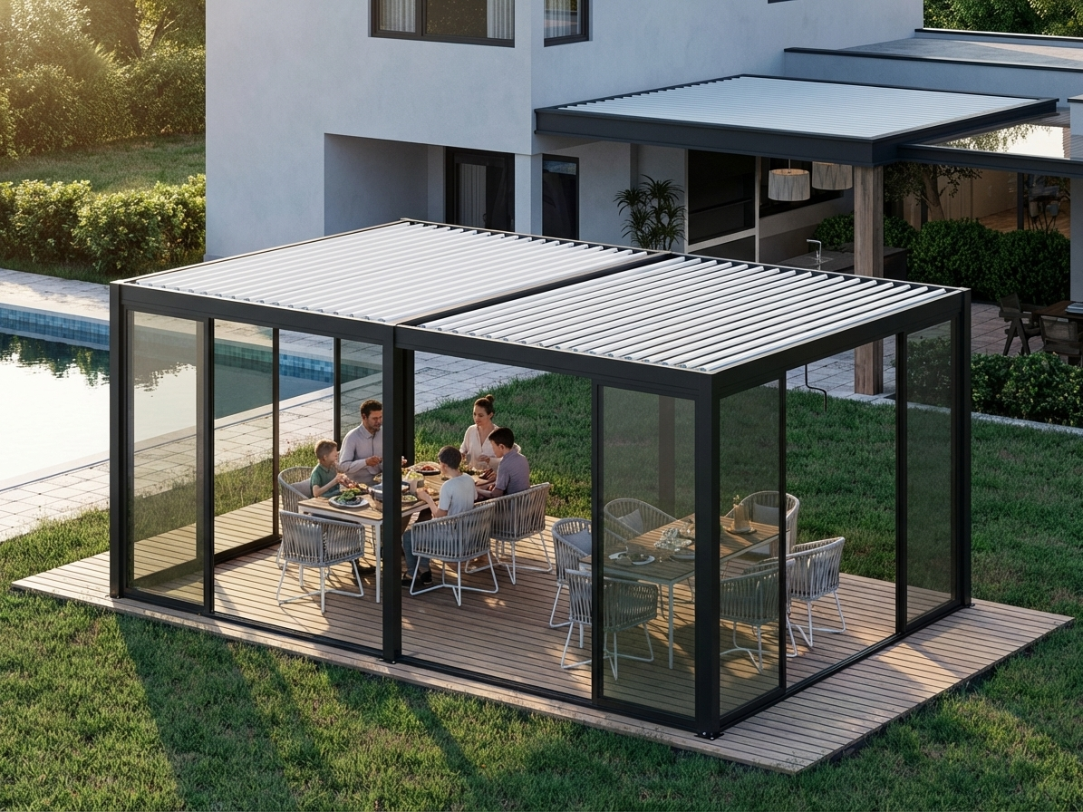 Bioclimatic pergola gazebo in black and white with aluminium frame - product detail