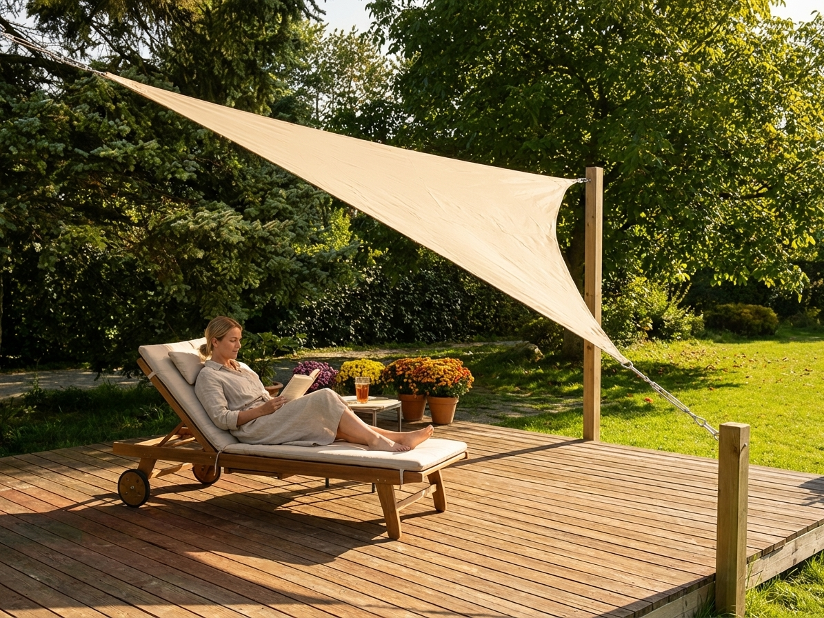 Sand coloured sun sail providing outdoor shade - product detail