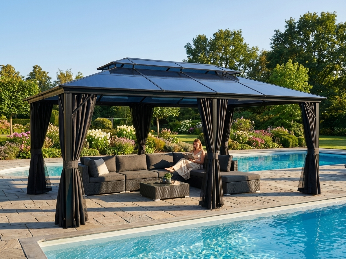 Elegant black gazebo with curtains and mosquito net