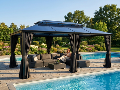 Elegant black gazebo with curtains and mosquito net