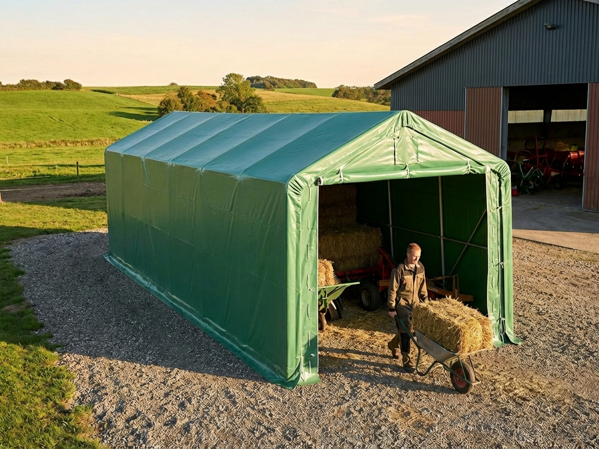 Green PVC and steel storage shelter 4x10x3.5 m - product detail