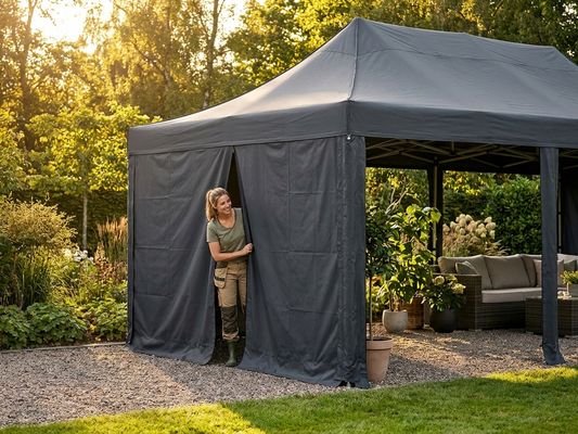 Dark grey PVC endwall with narrow door for outdoor use