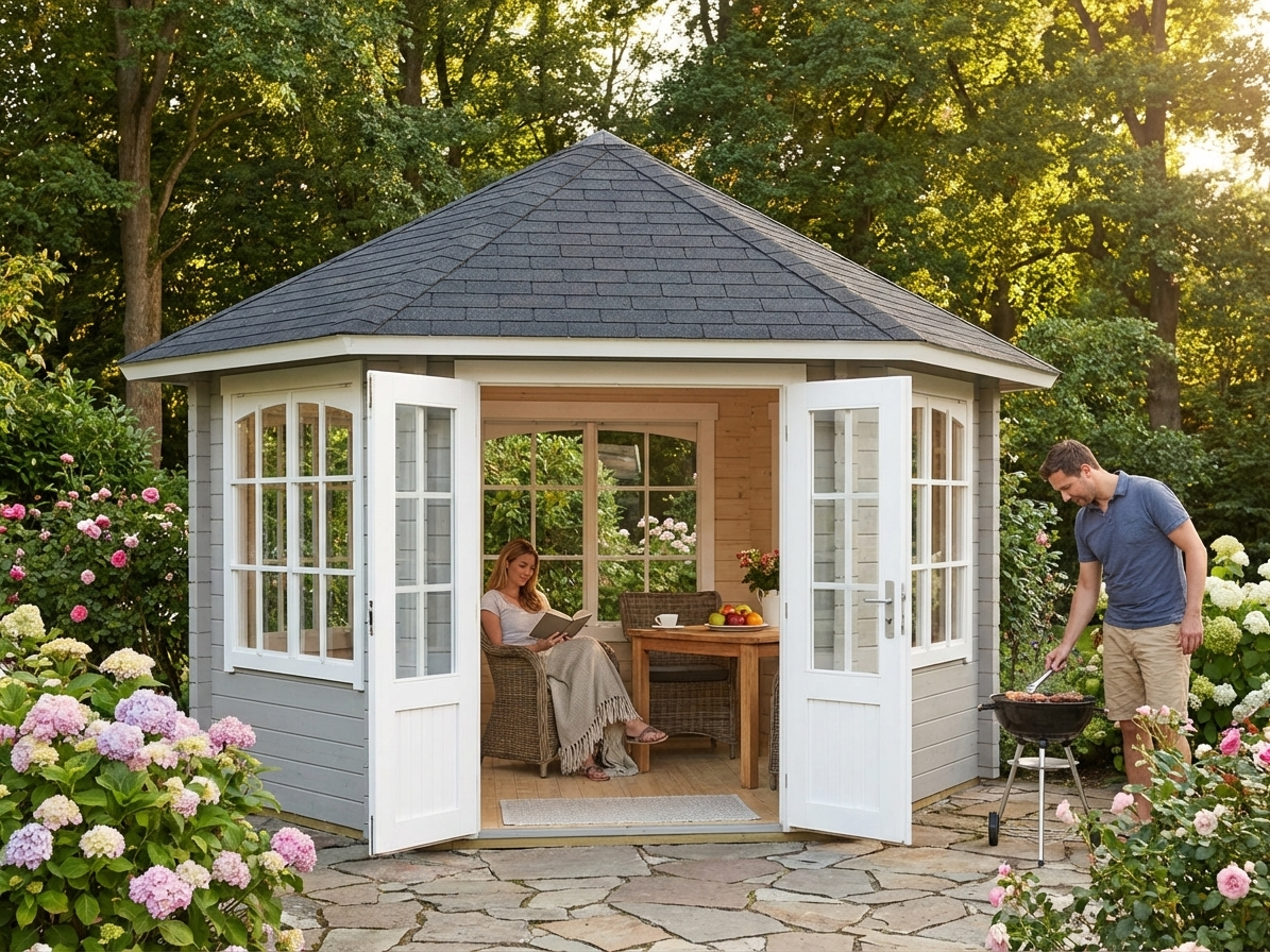 Light grey wooden gazebo made from Nordic Spruce
