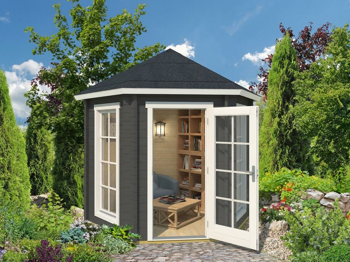 Hexagonal wooden gazebo in dark grey with Nordic spruce - product detail