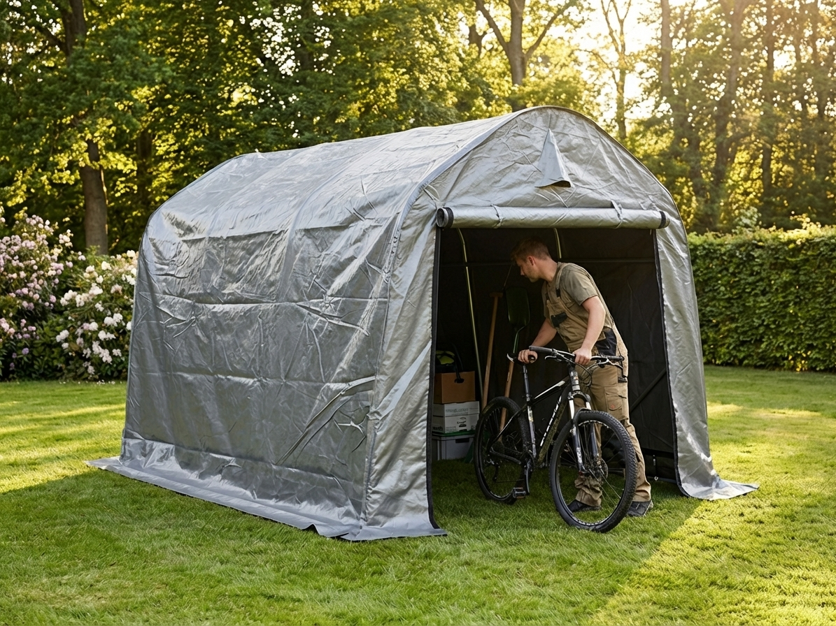 Grey storage tent 2x3x2 m with PE tarpaulin and steel frame
