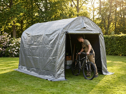 Grey storage tent 2x3x2 m with PE tarpaulin and steel frame