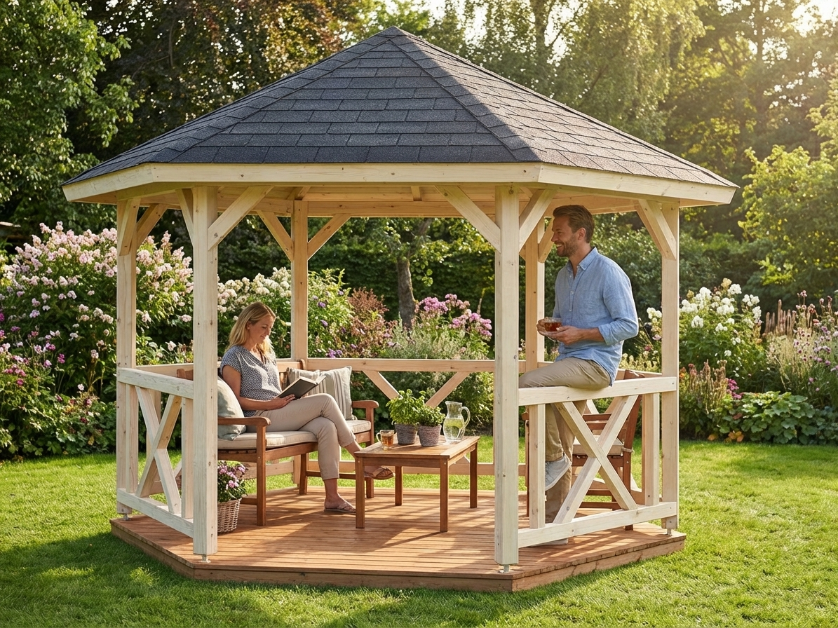 Wooden gazebo in natural colour made from Nordic Spruce