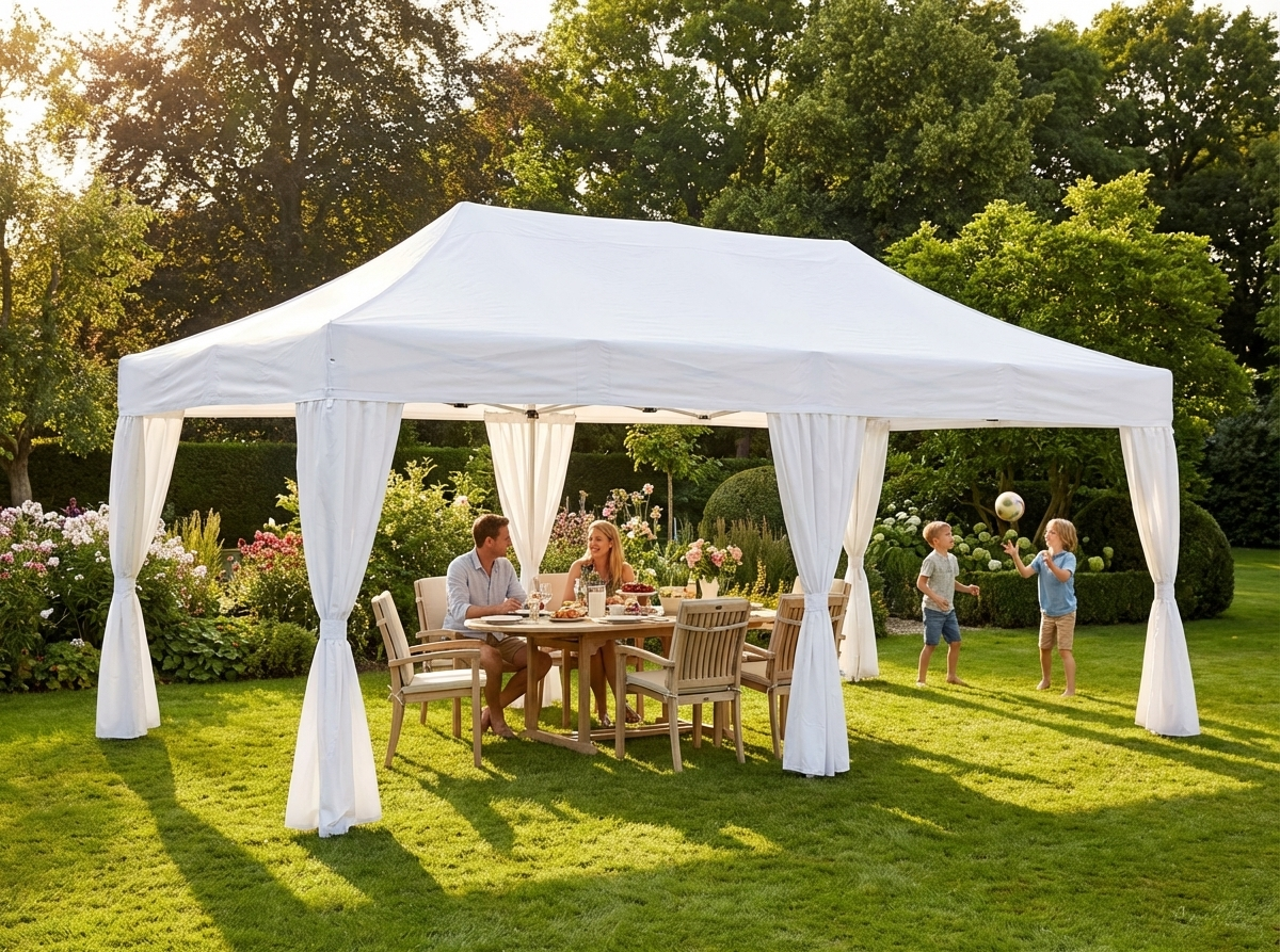 White pop-up gazebo with steel frame for outdoor events