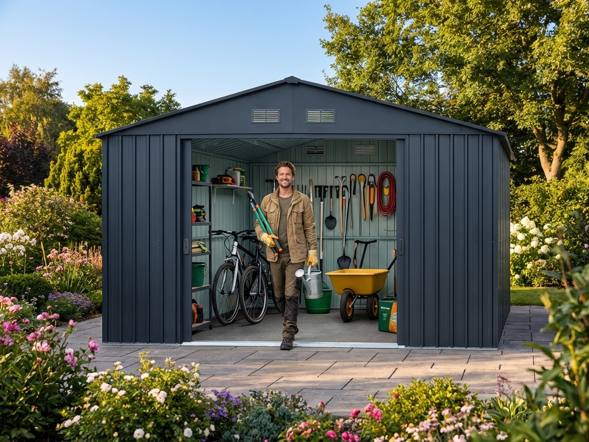 Garden shed in anthracite colour made of galvanised steel for outdoor storage