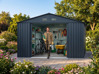 Garden shed in anthracite colour made of galvanised steel for outdoor storage