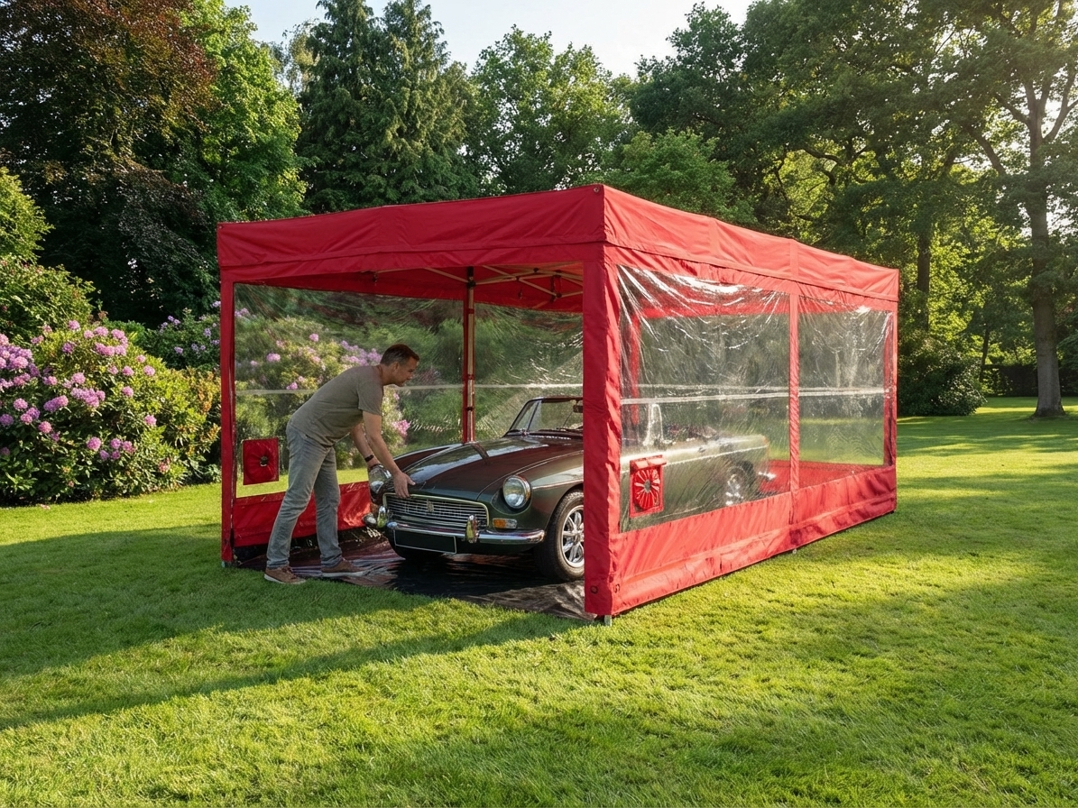 Folding car shelter in red with steel frame