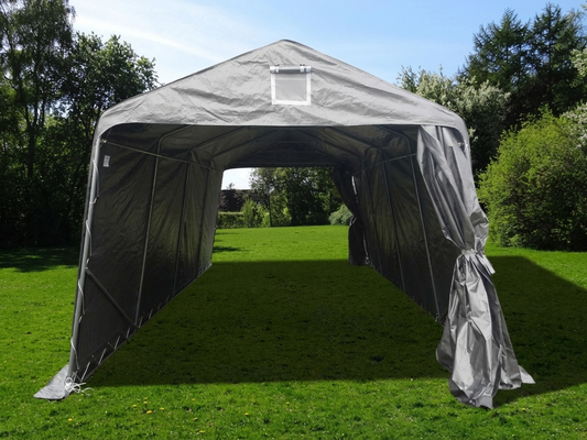 Portable garage in grey, size 3.3x7.2x2.4 m, outdoor storage solution