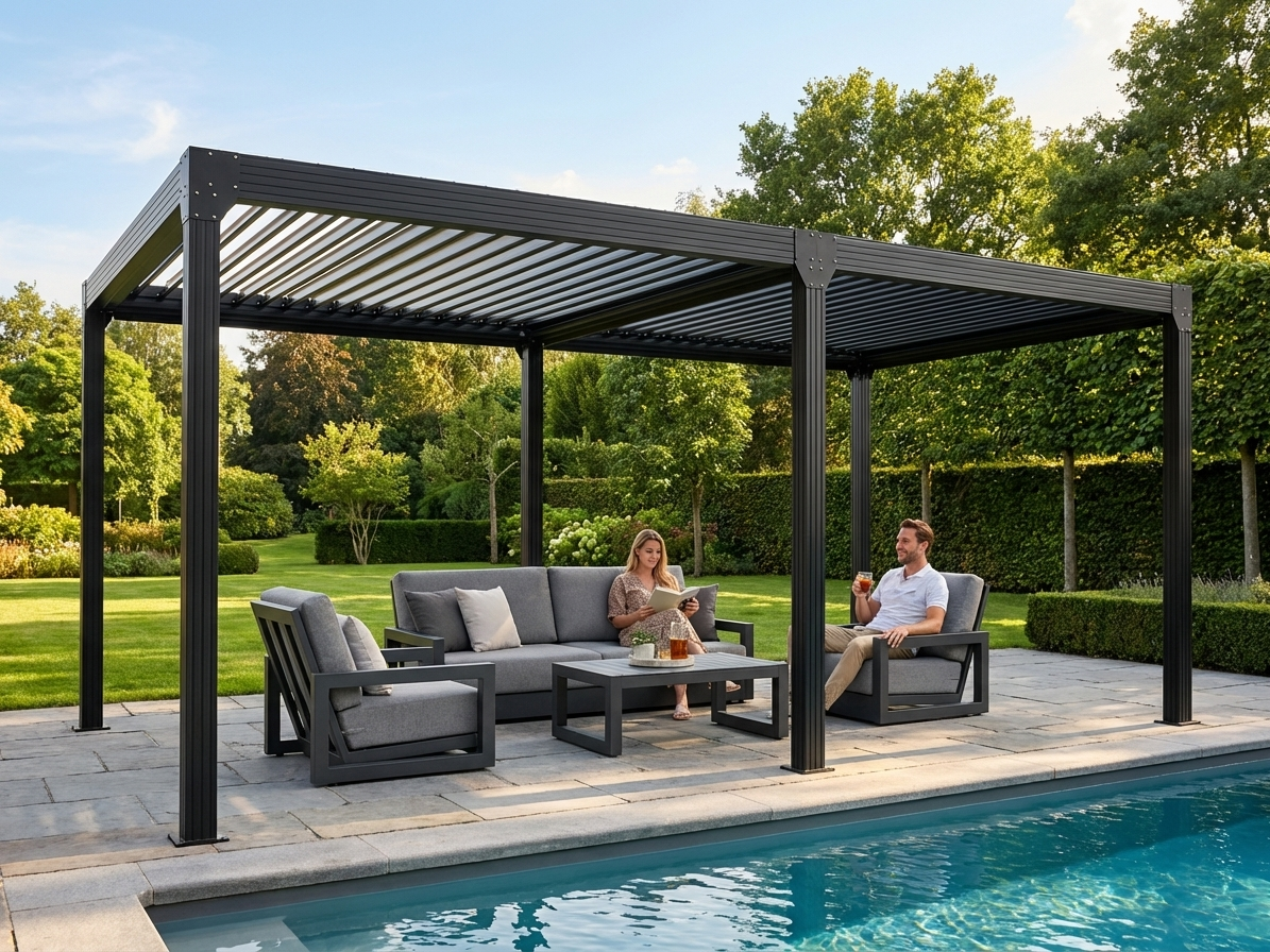 Bioclimatic pergola gazebo, 4x8 m in black for outdoor use