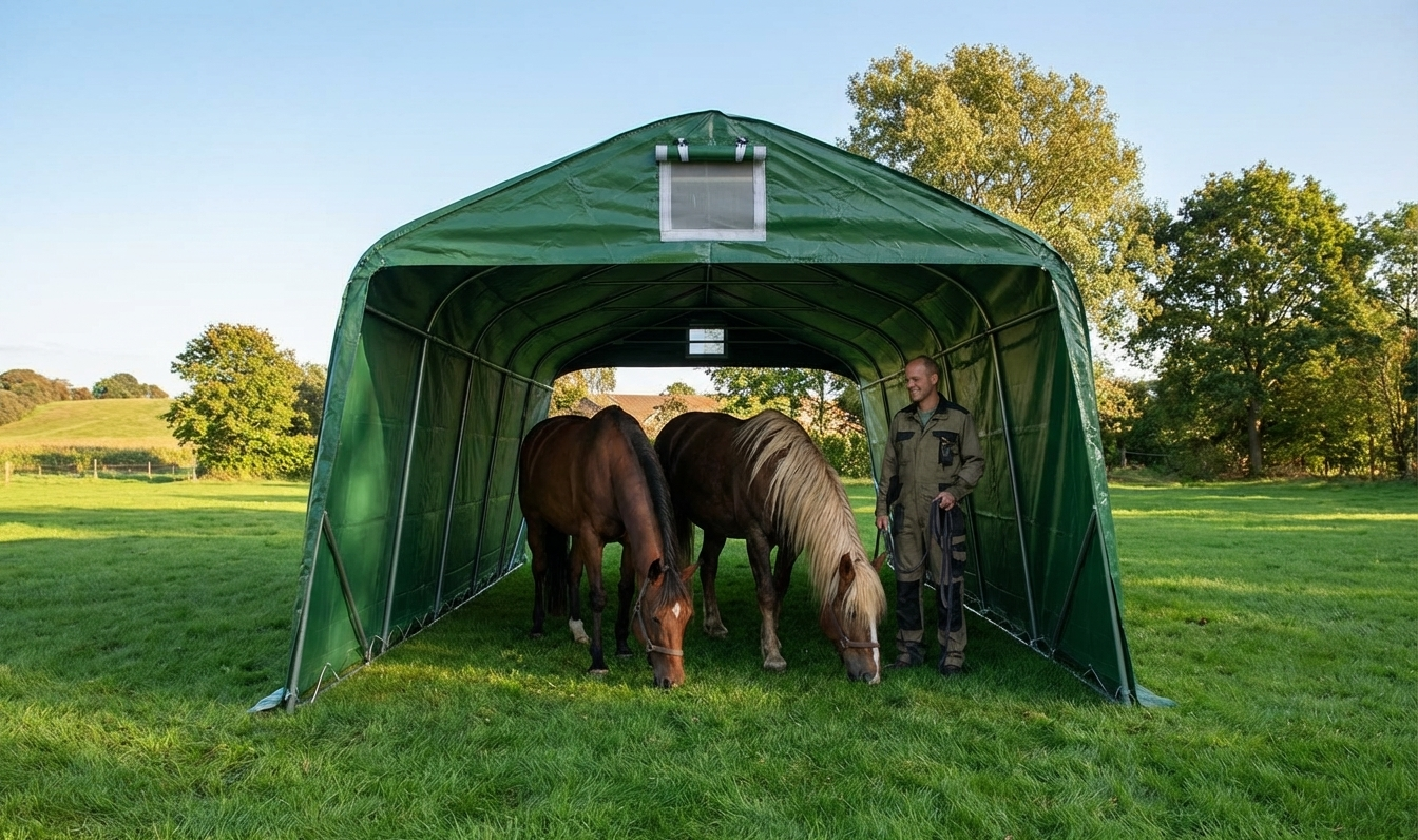 Green livestock shelter made of PVC and steel, 3.3x6x2.4m