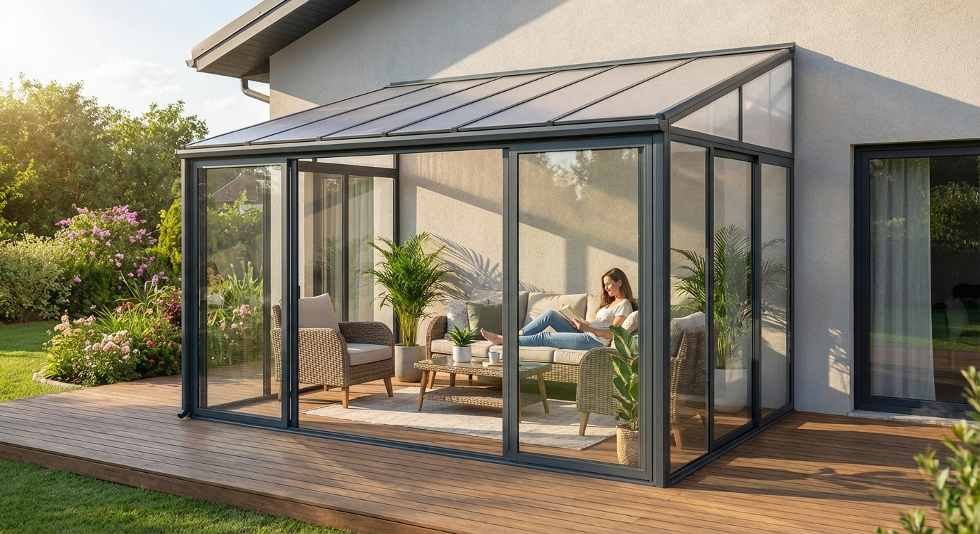 Polycarbonate conservatory in anthracite with aluminium frame
