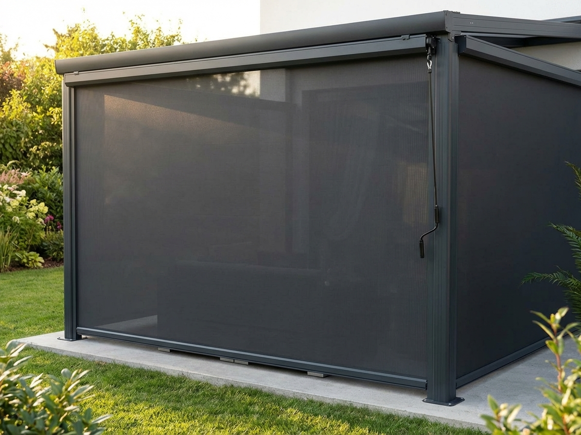Patio sidewall screen in dark grey, offering UV protection