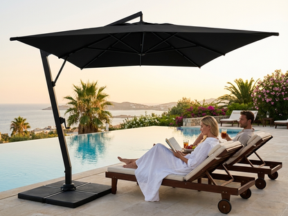 Black cantilever parasol with aluminium frame, ideal for garden use