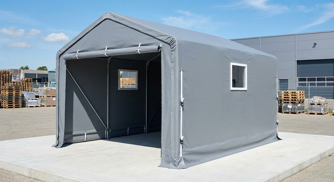 Grey PVC storage shelter with galvanised steel frame