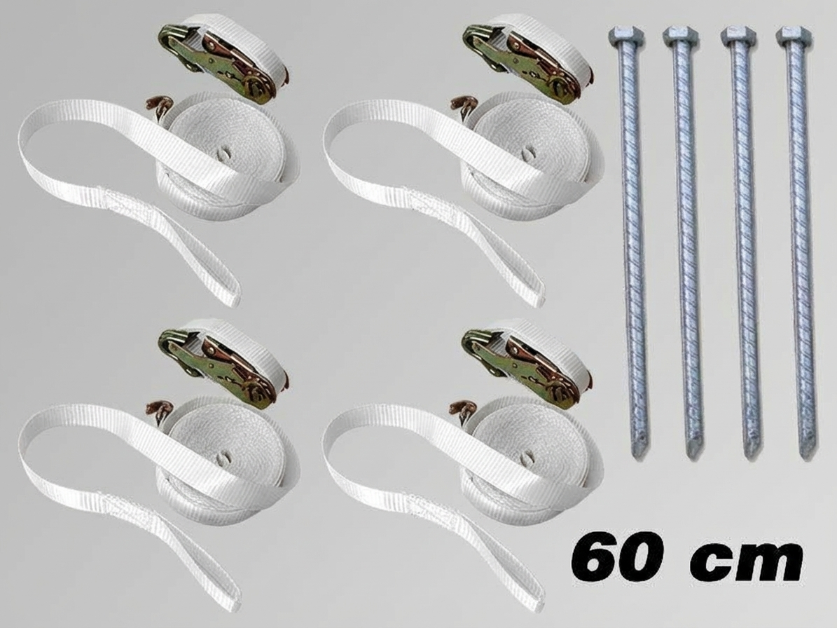 Storm safety pack with white pegs and straps for outdoor use