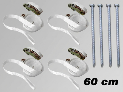 Storm safety pack with white pegs and straps for outdoor use
