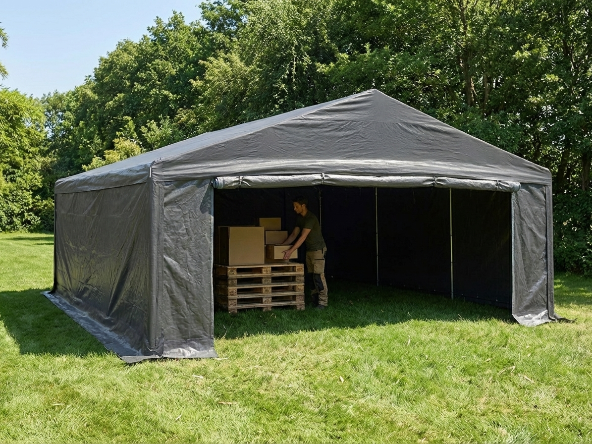 Large grey storage tent 6x10 m with galvanised steel frame