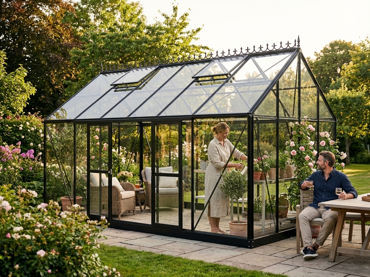 Glass orangery with black aluminium frame for garden use - view 3