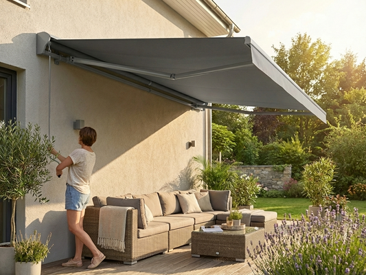 Grey awning with crank handle, perfect for outdoor use