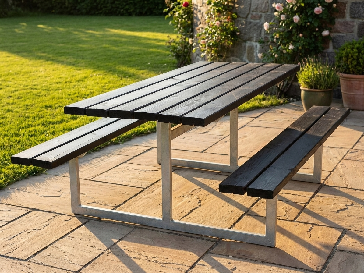 Black picnic table made of pinewood with galvanised steel frame
